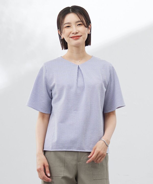 J.PRESS LADIES 【洗える・抗菌防臭・吸水速乾】サッカージャージー ペプラム カットソー オフ×ブルー系