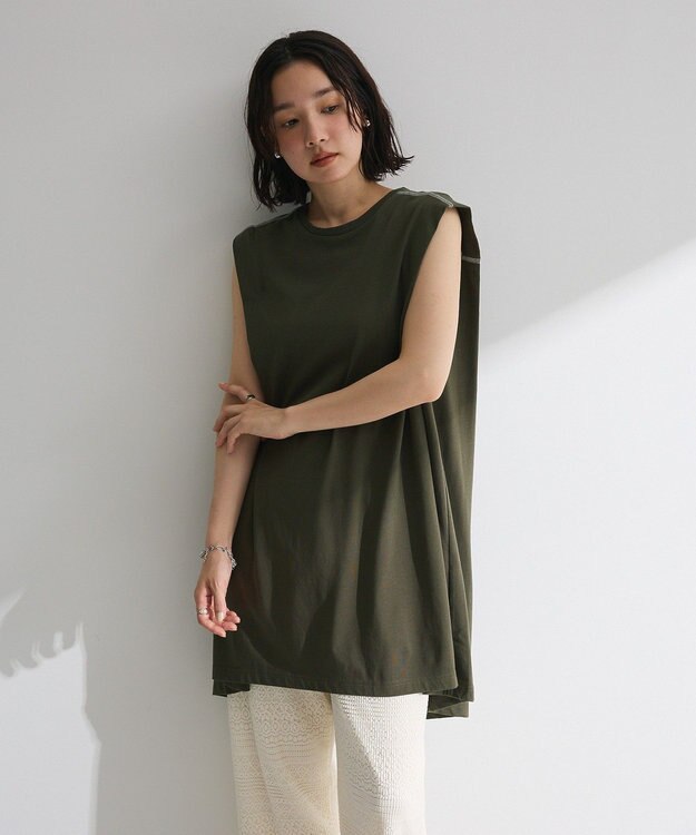 Green Parks 配色ステッチノースリーブチュニック Khaki
