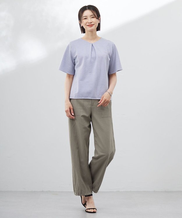 J.PRESS LADIES 【洗える・抗菌防臭・吸水速乾】サッカージャージー ペプラム カットソー オフ×ブルー系