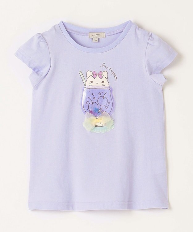 ANY KIDS シャラシャラ ビーズ入り Tシャツ サックスブルー×ネコ