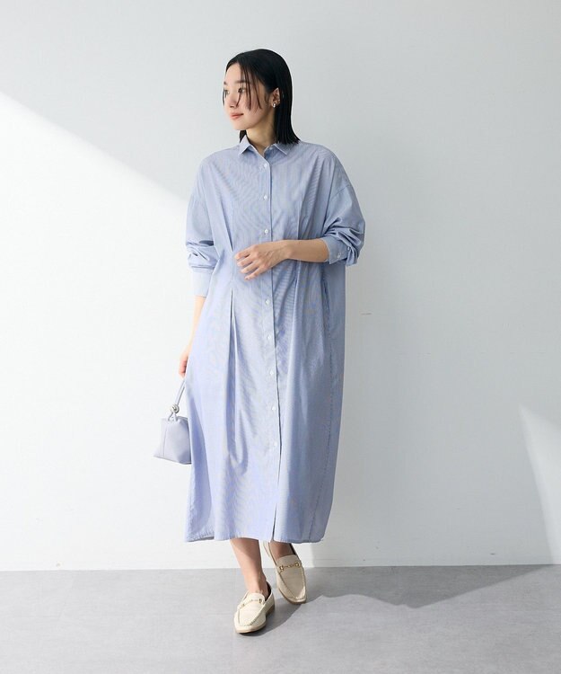 Green Parks イージーケア抜け衿ウエストタックシャツワンピース Navy