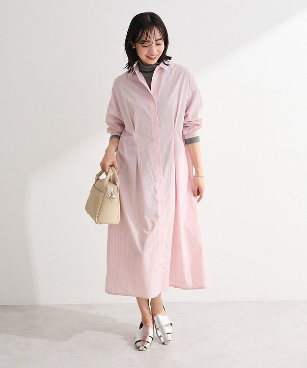 Green Parks イージーケア抜け衿ウエストタックシャツワンピース Pink