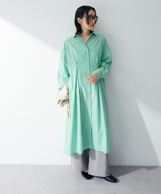 Green Parks イージーケア抜け衿ウエストタックシャツワンピース Green