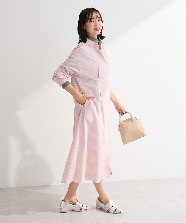 Green Parks イージーケア抜け衿ウエストタックシャツワンピース Pink