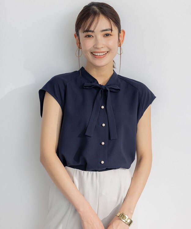 組曲 L 【洗える・イージーケア】シアーカルゼ ボウタイ ブラウス ネイビー系