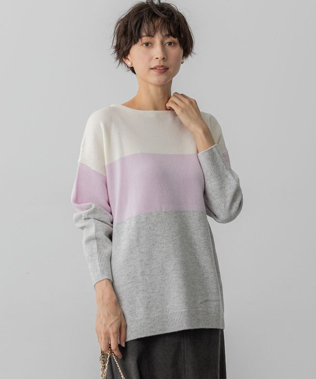 23区 S 【洗える】ウールカシミヤ カラーブロック チュニック ニット ライトピンク