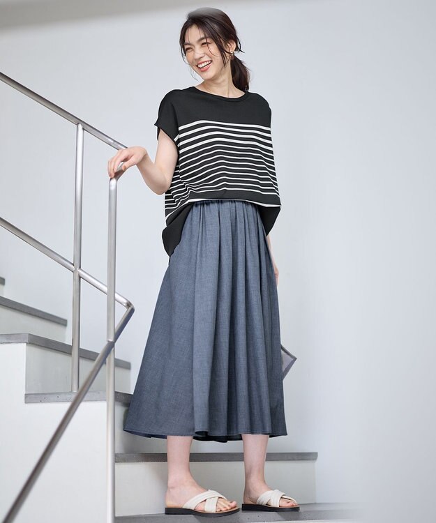 ANY 【大好評につき新色追加！/ウエストゴム】シャンブレーライクフレアスカート ネイビー