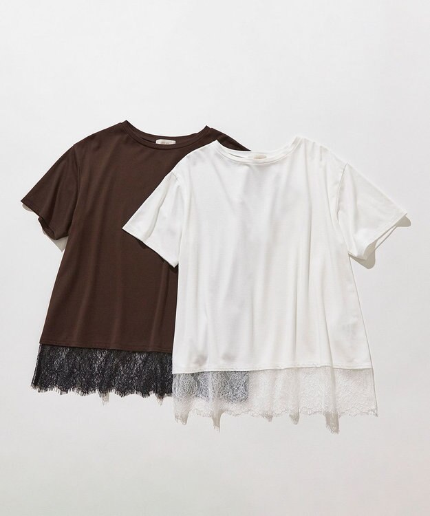 ANY SIS L 裾レース半袖Ｔシャツ ブラウン×ブラック