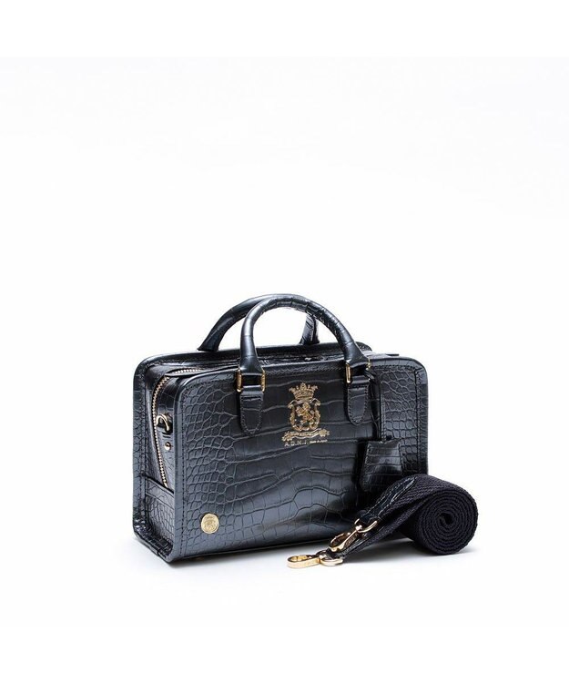 A.D.M.J. 【牛革】クロコ型押しヘリ巻きボストン23cm オニキス