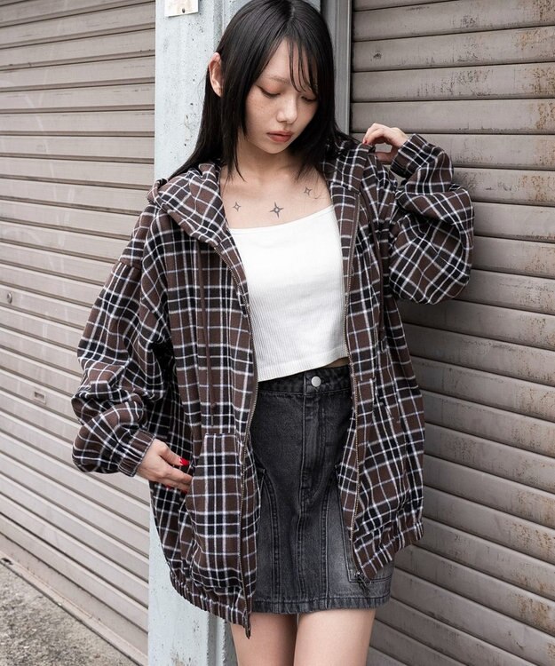 WEGO 【ユニセックス着用ITEM/MLサイズ展開】チェックグラフィックZIPパーカー（LS） ブラウンチェック1