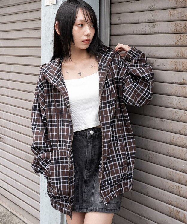 WEGO 【ユニセックス着用ITEM/MLサイズ展開】チェックグラフィックZIPパーカー（LS） ブラウンチェック1