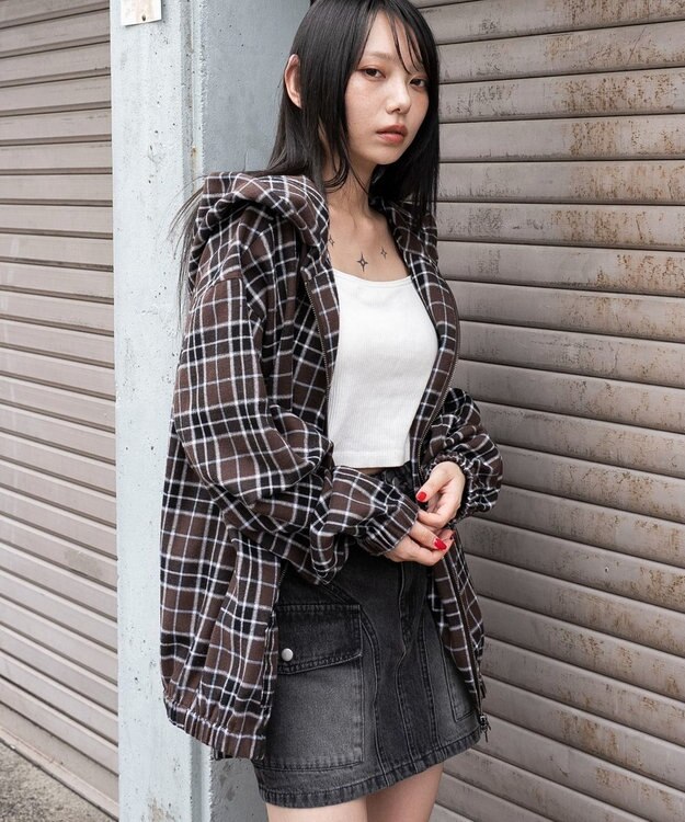 WEGO 【ユニセックス着用ITEM/MLサイズ展開】チェックグラフィックZIPパーカー（LS） ブラウンチェック1