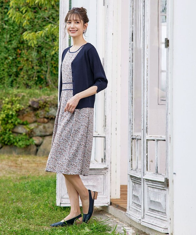 Tiaclasse 【洗える】スリット袖Vネックリブカーディガン ネイビー