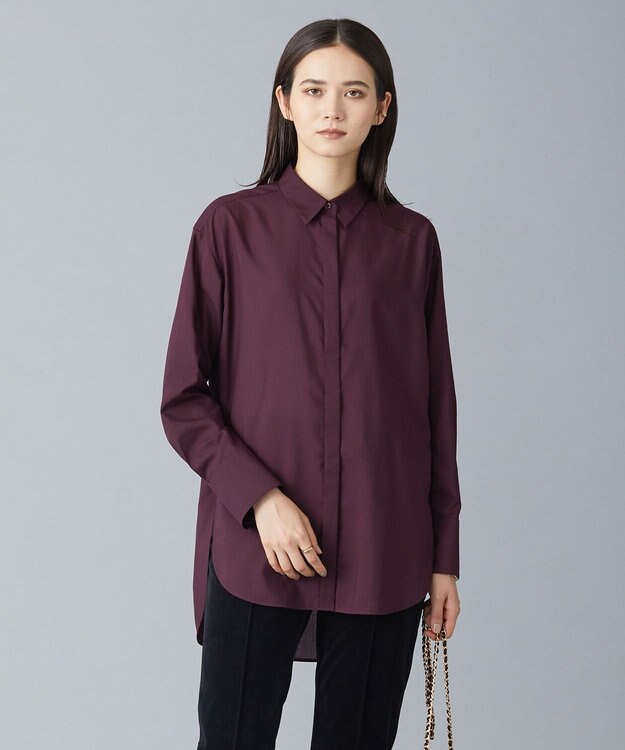 ICB 【洗える】トリアセコットンシアー ロングシャツ バーガンディ系