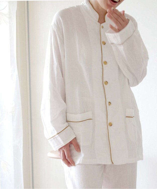 京和晒綿紗 【紗栄子さん愛用パジャマの色違い/UNISEX】ガーゼパジャマ 2重合わせ 白 マスタードバイアス