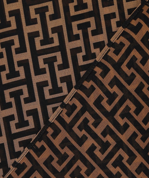 ICB 【30th ANNIVERSARY】 モノグラムプリントシフォン バンドカラーブラウス キャメル×ブラック系