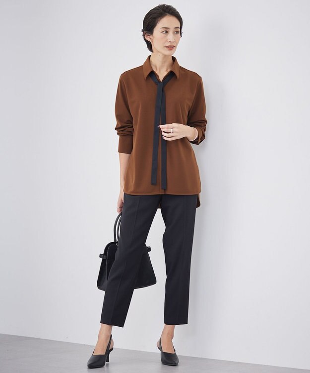 ICB 【洗える】マラボーテジョーゼット ボウタイデザインカットソー コーヒー系