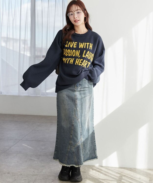 WEGO グラフィックBIGニットプルオーバー ネイビー