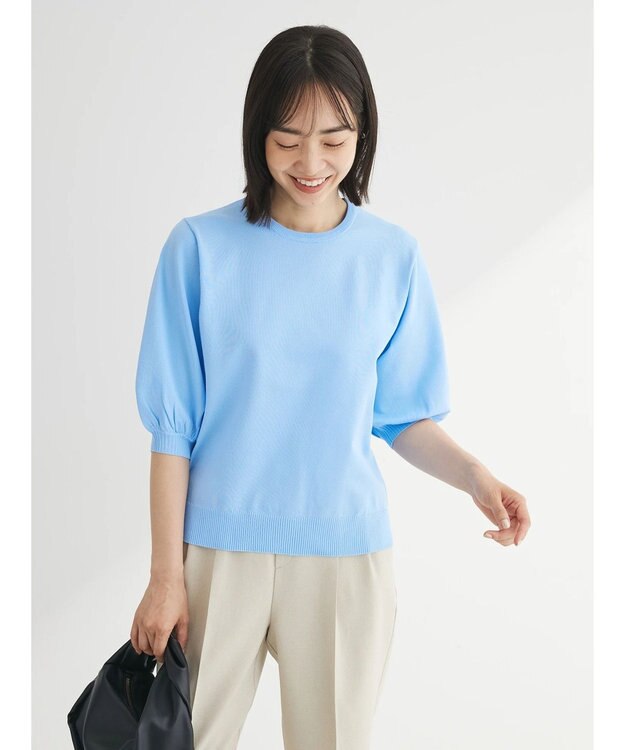 Green Parks パフ５分袖ニットプルオーバー Sax