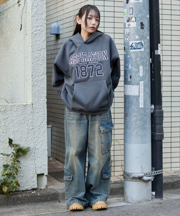 WEGO 裏起毛グラフィックビッグプルパーカー ダークグレー