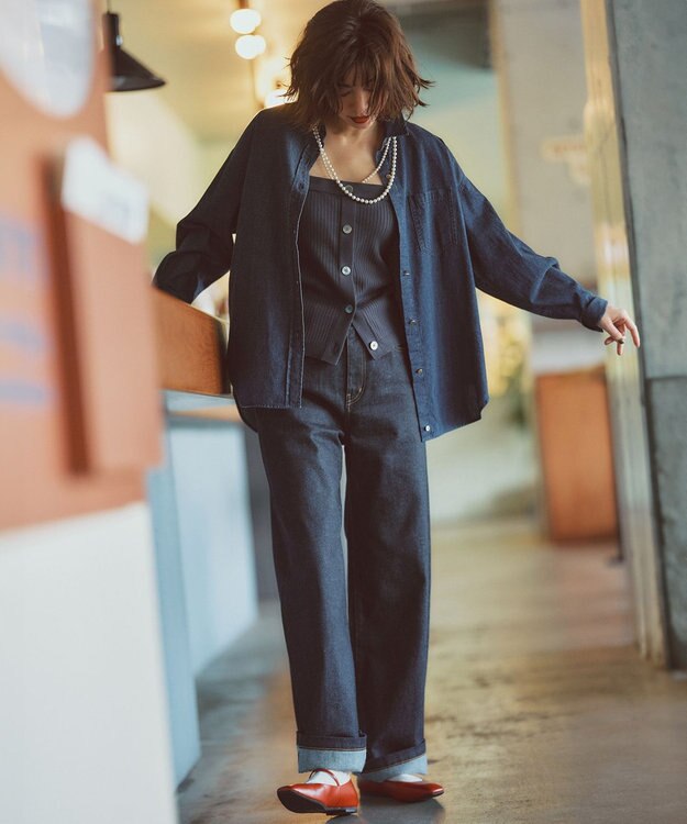 23区 L 【洗える】ライトダンガリー 2WAY シャツ ネイビー系