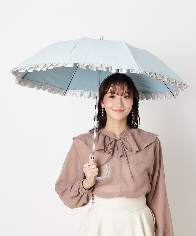 MOONBAT 【一級遮光/晴雨兼用】LANVIN en Bleu (ランバン オン ブルー)  折りたたみ日傘 シャイニーフリル 遮光 遮熱 UV サックスブルー