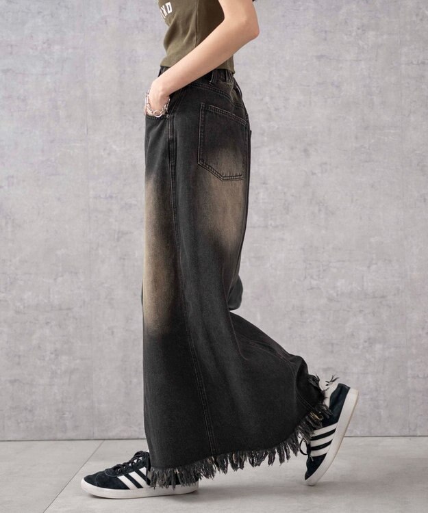 WEGO ヴィンテージウォッシュデニムロングスカート ブラック