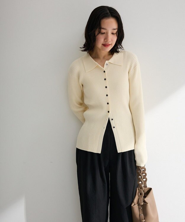 Green Parks 襟付きリブニットカーディガン Ecru