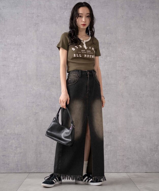 WEGO ヴィンテージウォッシュデニムロングスカート ブラック