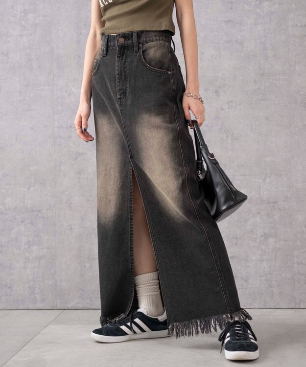 WEGO ヴィンテージウォッシュデニムロングスカート ブラック