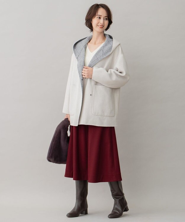 自由区 【リバーシブル】ウールリバー フード付きショートコート ライトグレー系