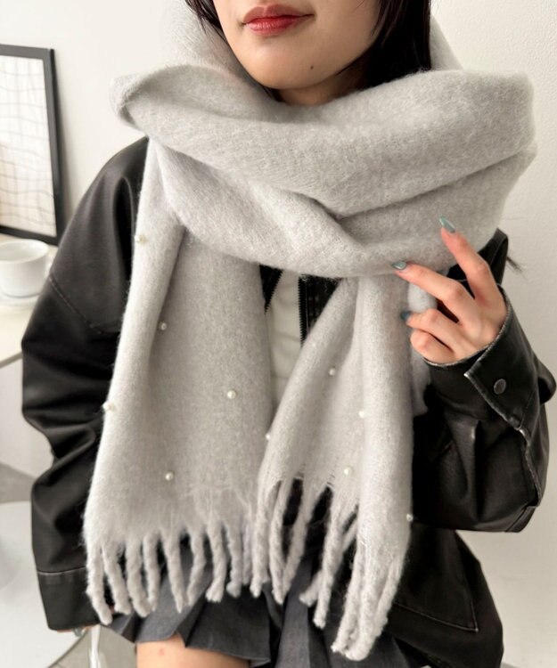 WEGO パール付きワイドフリンジストール ライトグレー