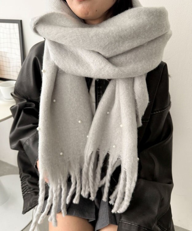 WEGO パール付きワイドフリンジストール ライトグレー