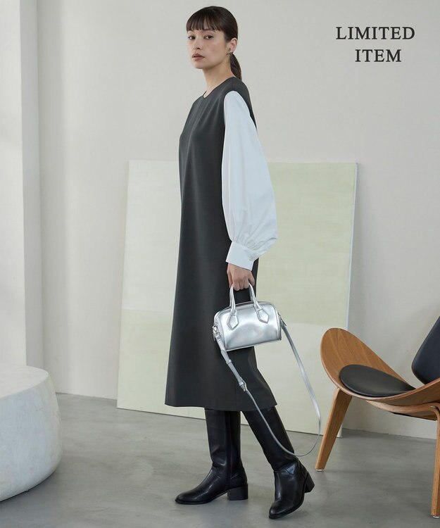 ICB L 【WEB限定・洗える】ストレッチポンチ ドッキングワンピース ダルブルー系