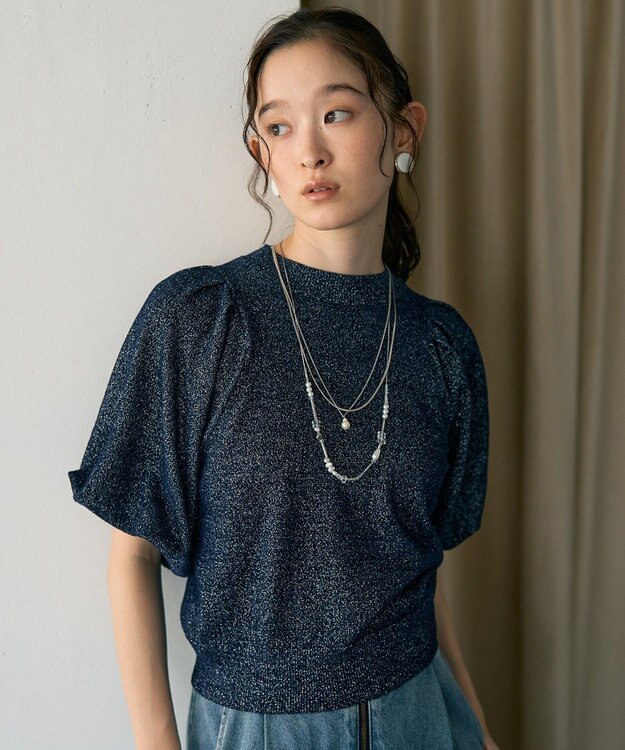 earth music&ecology ラメモールパフスリニットプルオーバー Navy