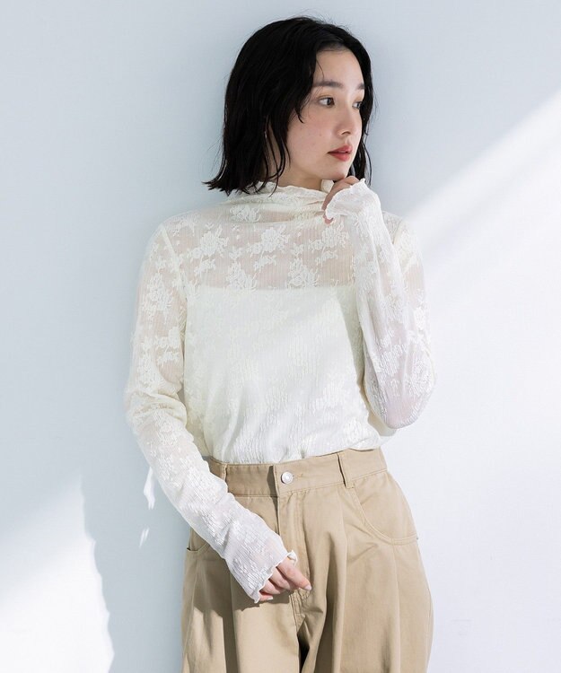 Green Parks プリーツレースハイネックプルオーバー Ecru