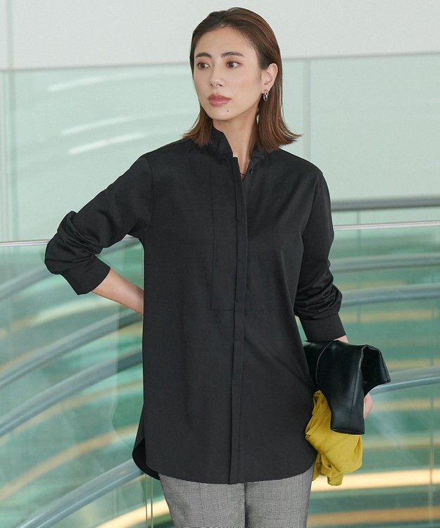 ICB L 【洗える】 ブラウスライクジャージー ロングカットソー ブラック系