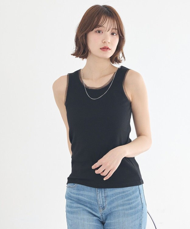 earth music&ecology エッジチュールラメテレコタンクトップ Black