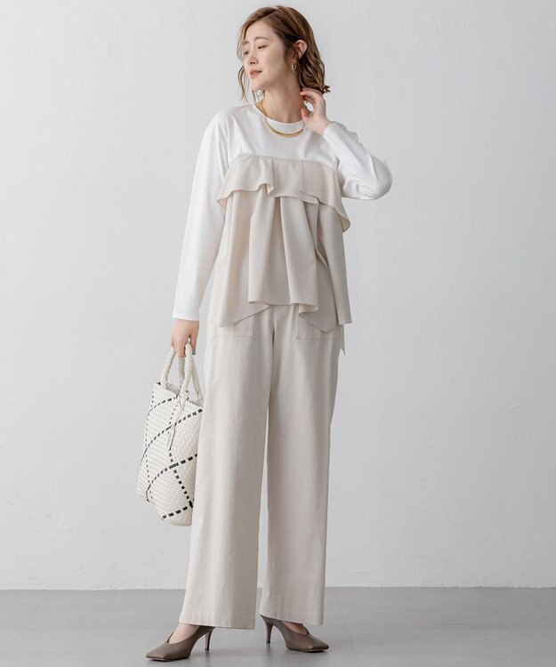 23区 【洗える】スラブツイルストレッチ ワイド パンツ ベージュ系