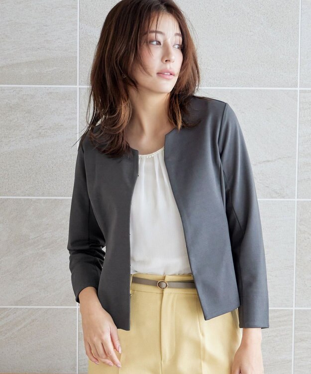 Tiaclasse L 【洗える】ノーカラーポンチジャケット チャコールグレー