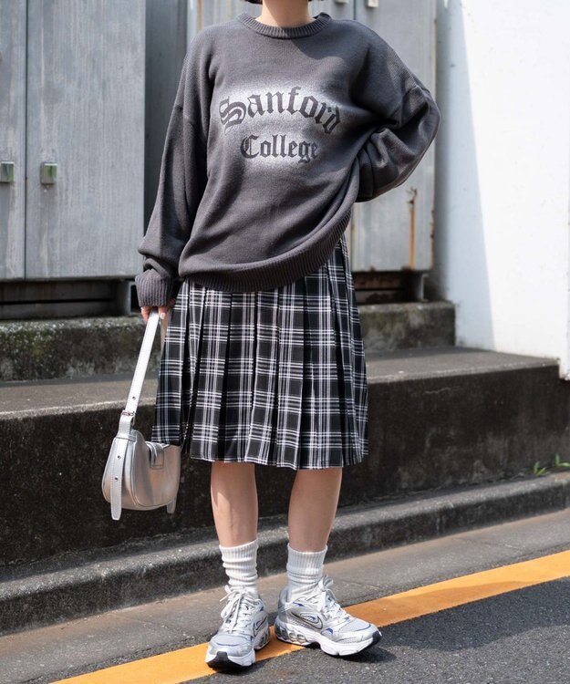 WEGO ベルト付プリーツミドルスカート ブラックチェック1