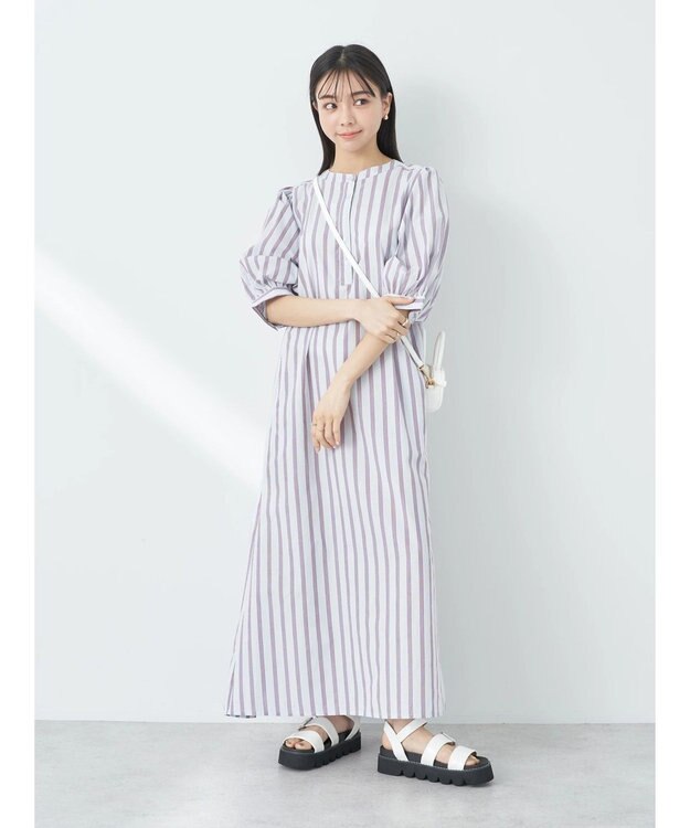 earth music&ecology ポプリンフレアワンピース Stripe Sax