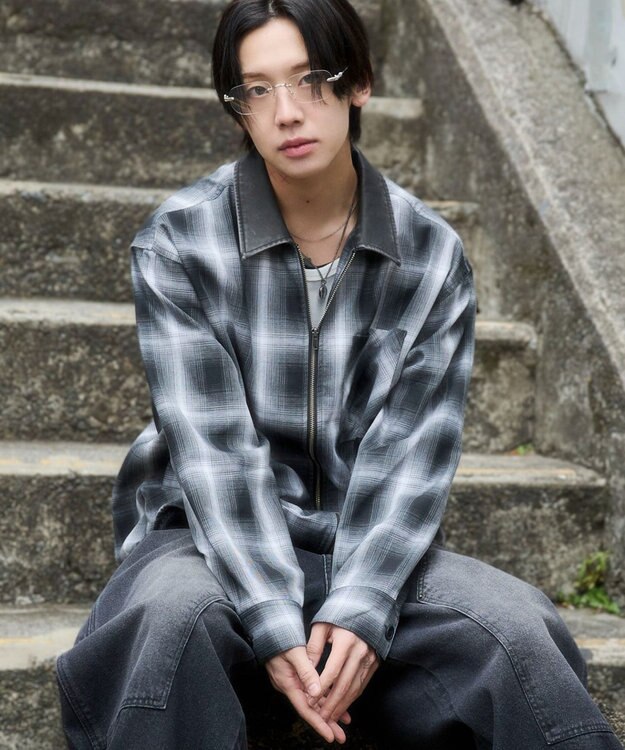 WEGO 【ユニセックス着用ITEM】オンブレチェックシャツジャケット ブラックチェック1