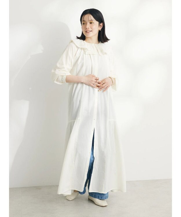 CRAFT STANDARD BOUTIQUE インド綿フリル衿ワンピース Ivory