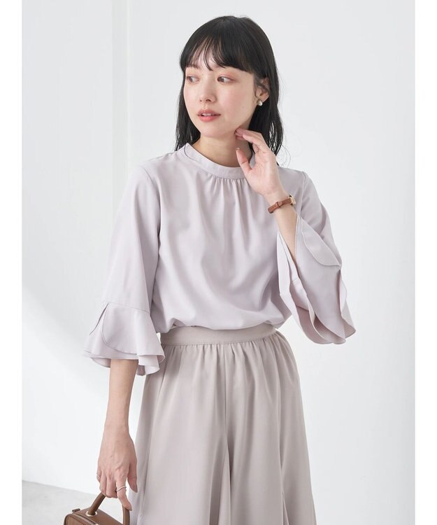 earth music&ecology ラッフル７分袖ブラウス Pink Beige