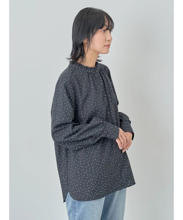 Green Parks ＢＰ　ケア楽　スタンドフリルブラウス Dot Black