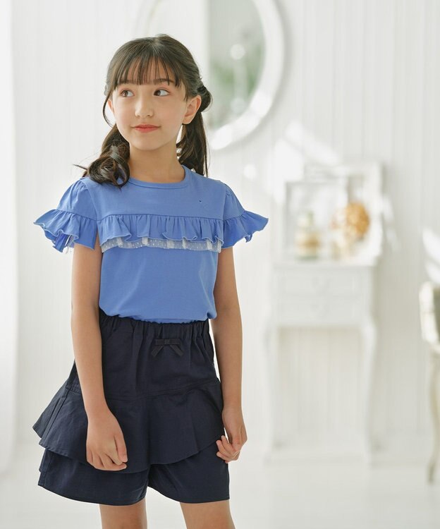 組曲 KIDS 【UVケア】【150-160㎝】フレアラッフル Tシャツ ブルー