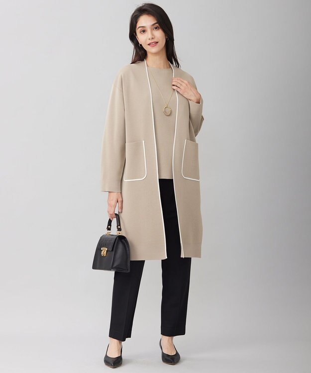 自由区 【洗える】ドライコットンハイゲージニット アウター ベージュ×ホワイト