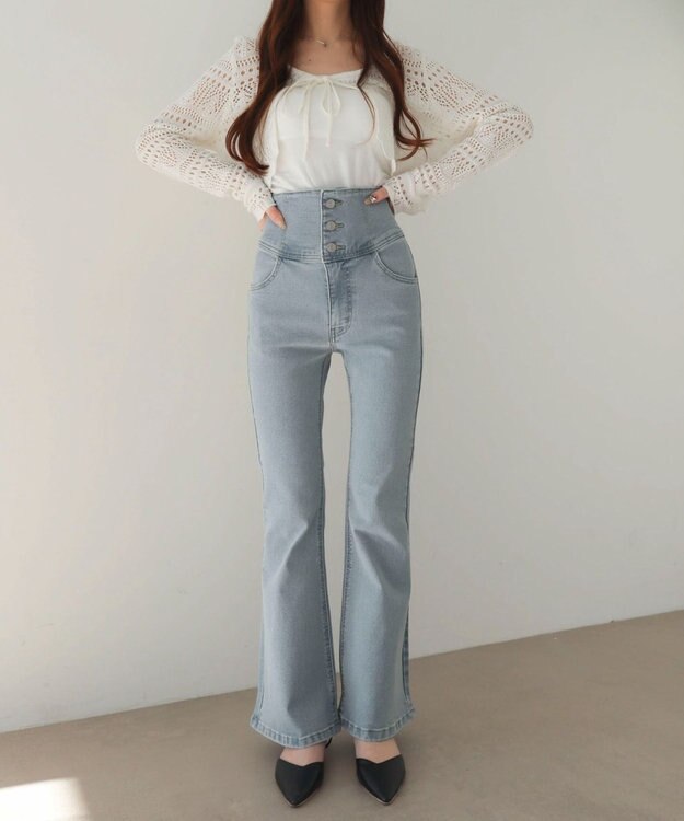 WEGO 【ストレッチ/美脚/脚長シルエット/XSSMサイズ展開】ハイウエストストレッチフレアデニムパンツ デニム淡加工色