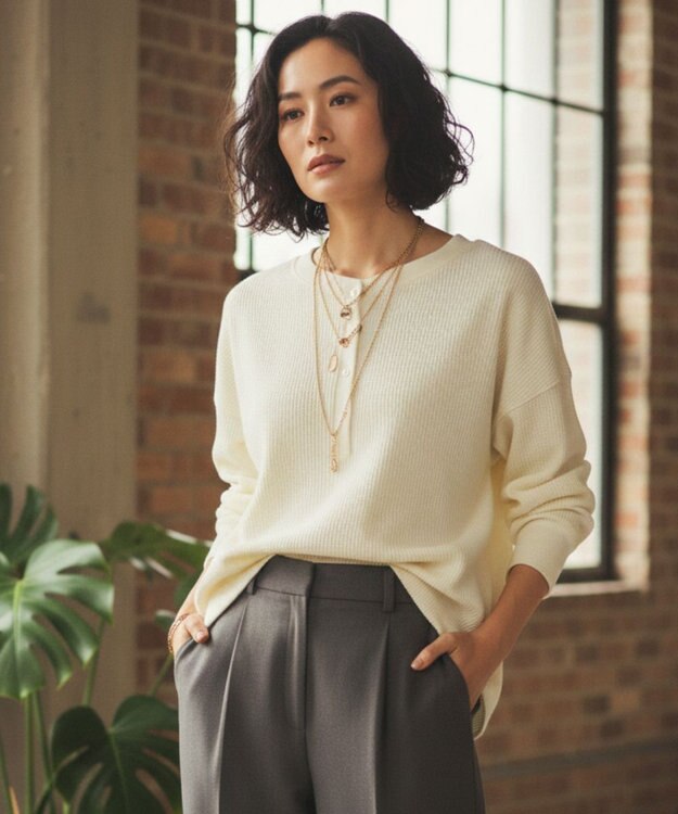 OP／FILA 【ocean pacific】らくティブ/ヘンリーネックワッフルロンT ホワイト